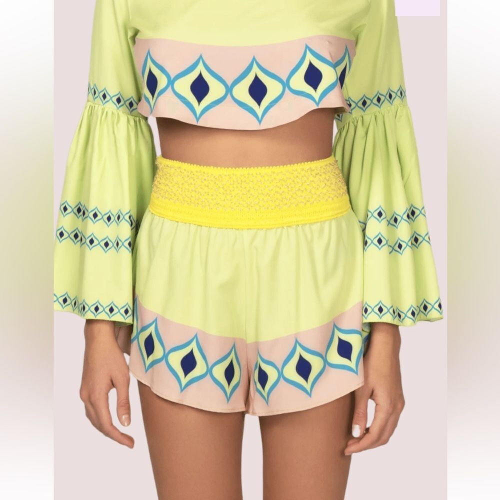 2 Piece Set Lime Printed Bell-Sleeve Top and Shorts